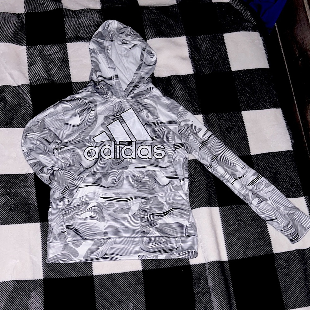 Adidas White, Gray, and black sweatshirt.